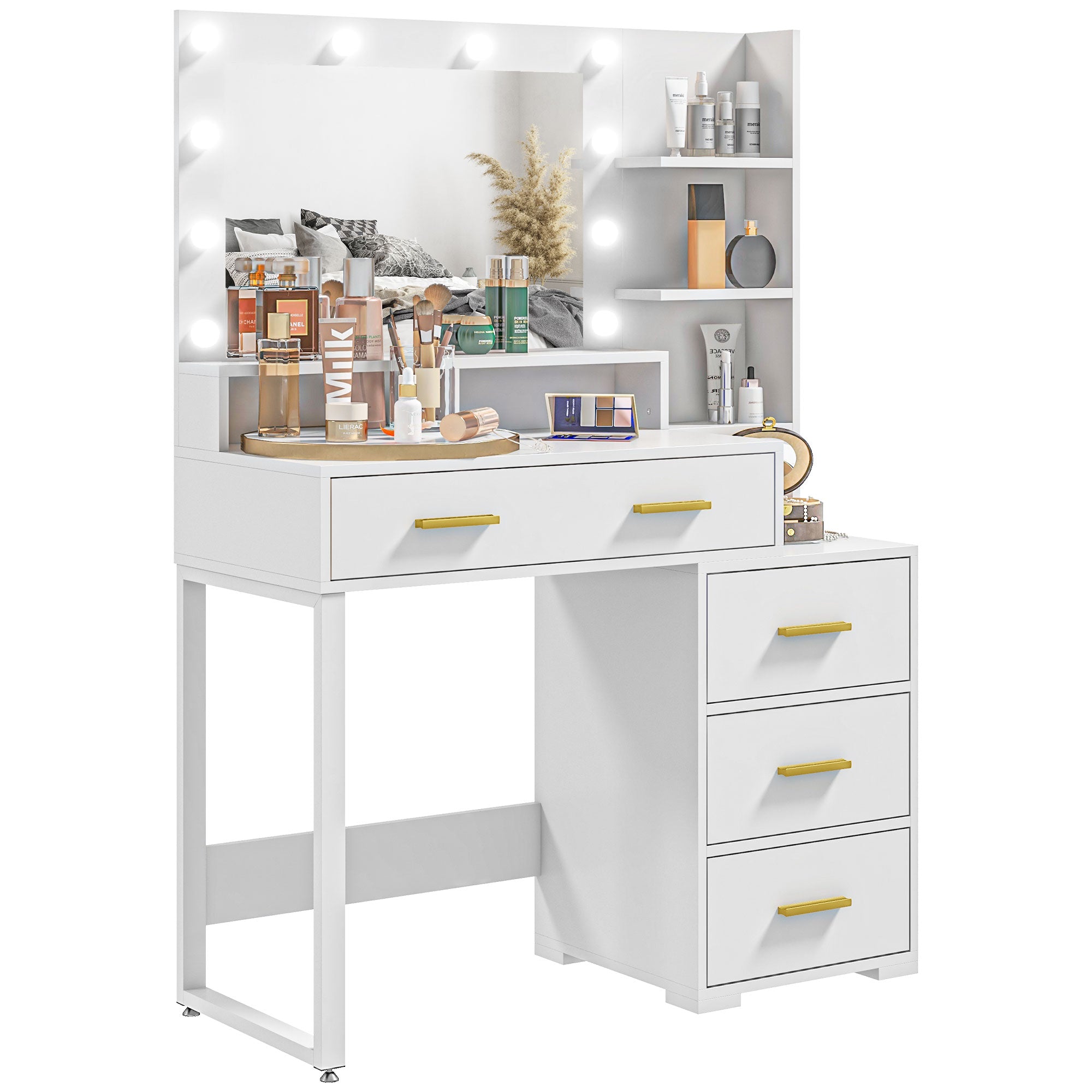 HOMCOM Wooden Makeup Table with 4 Drawers, 6 Open Shelves and Mirror, 100x40x138 cm, White - Borgè
