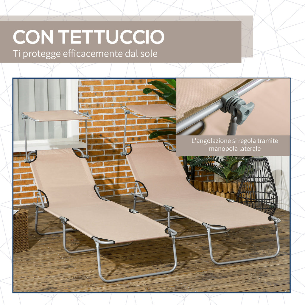 Outsunny Set of 2 Folding Garden Loungers with Adjustable Canopy, Oxford Fabric and Metal, 187x58x36 cm, Brown