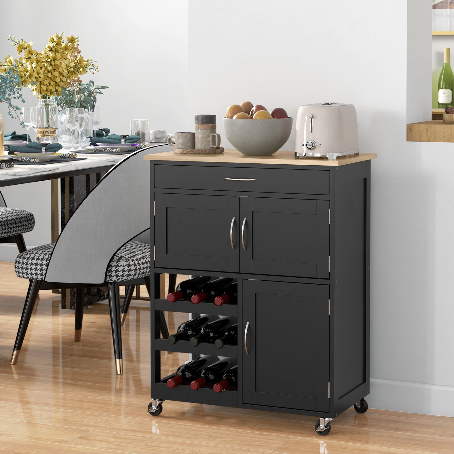 Wooden Kitchen Trolley with Bottle Holder, 3 Doors and Drawer, 67x37x87 cm, Black and Oak