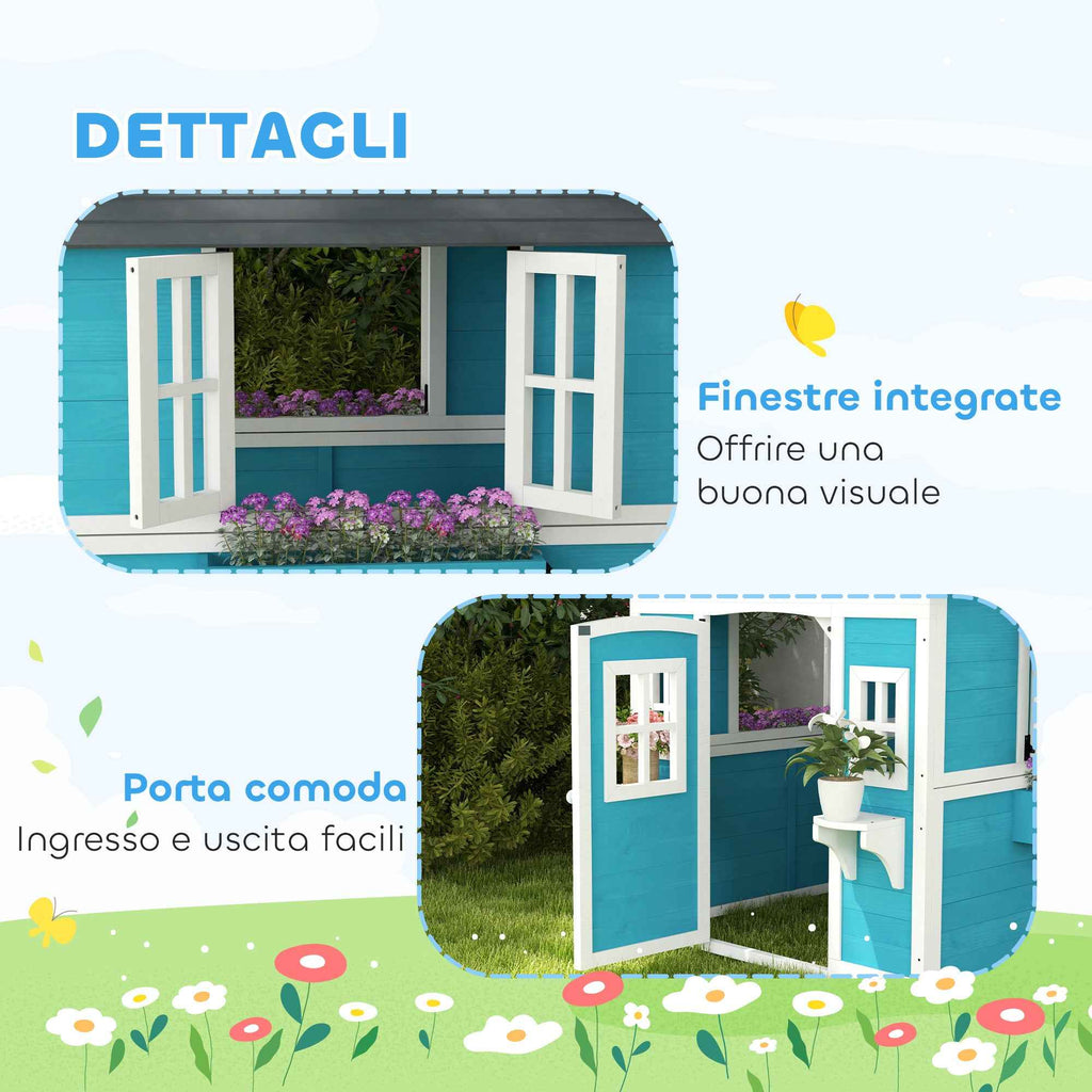 Outsunny Children's Playhouse for 3-8 Years Old with Pots and Planters, Made of Fir Wood, 114x126.4x135 cm, Blue