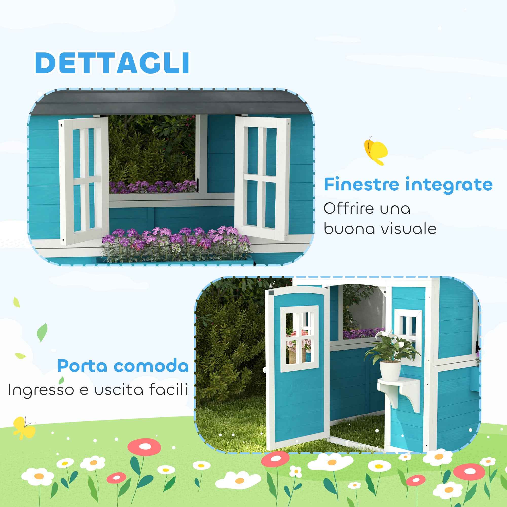 Outsunny Children's Playhouse for 3-8 Years Old with Pots and Planters, Made of Fir Wood, 114x126.4x135 cm, Blue