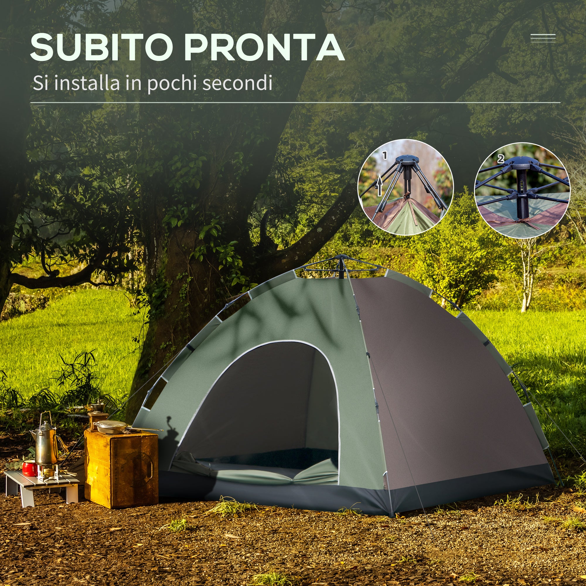 2-Person Camping Tent with Carrying Bag, Hooks for Lamps and Storage Pockets, 210x210x135 cm