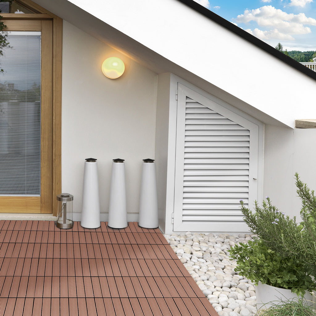 Set of 11 Non-Slip Interlocking Outdoor Tiles in Recycled HDPE, 30x30x2.2 cm, Brown