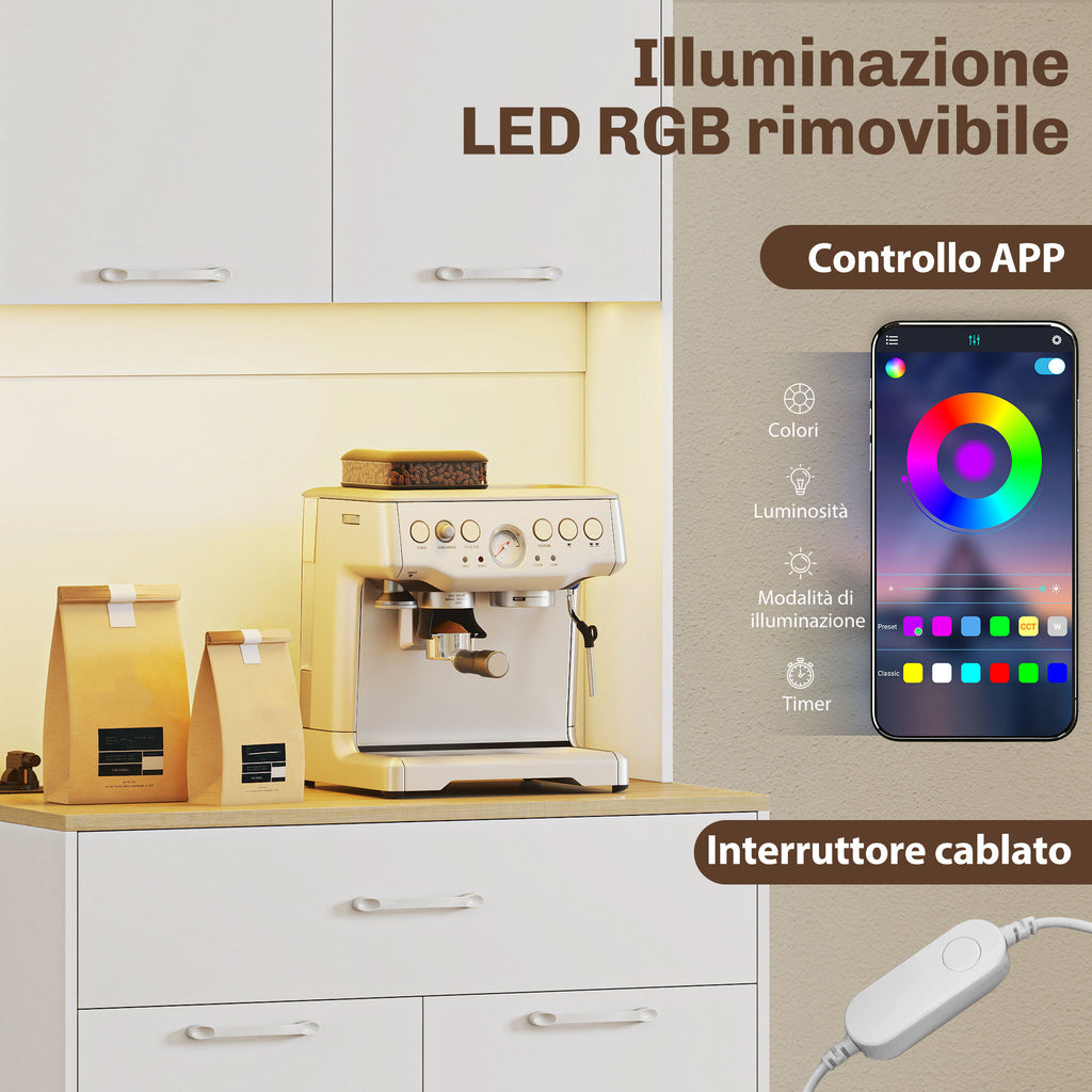 Modern Sideboard with LED Lights, Power Sockets and USB Ports, 2 Cabinets and Drawer, 71x40x180 cm, White