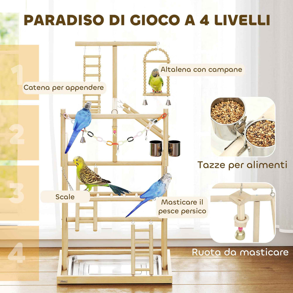 PawHut Parrot Perch with Toys, Ladders, Chains, Bowls, Removable Tray and Perches, Natural Wood