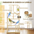 PawHut Parrot Perch with Toys, Ladders, Chains, Bowls, Removable Tray and Perches, Natural Wood
