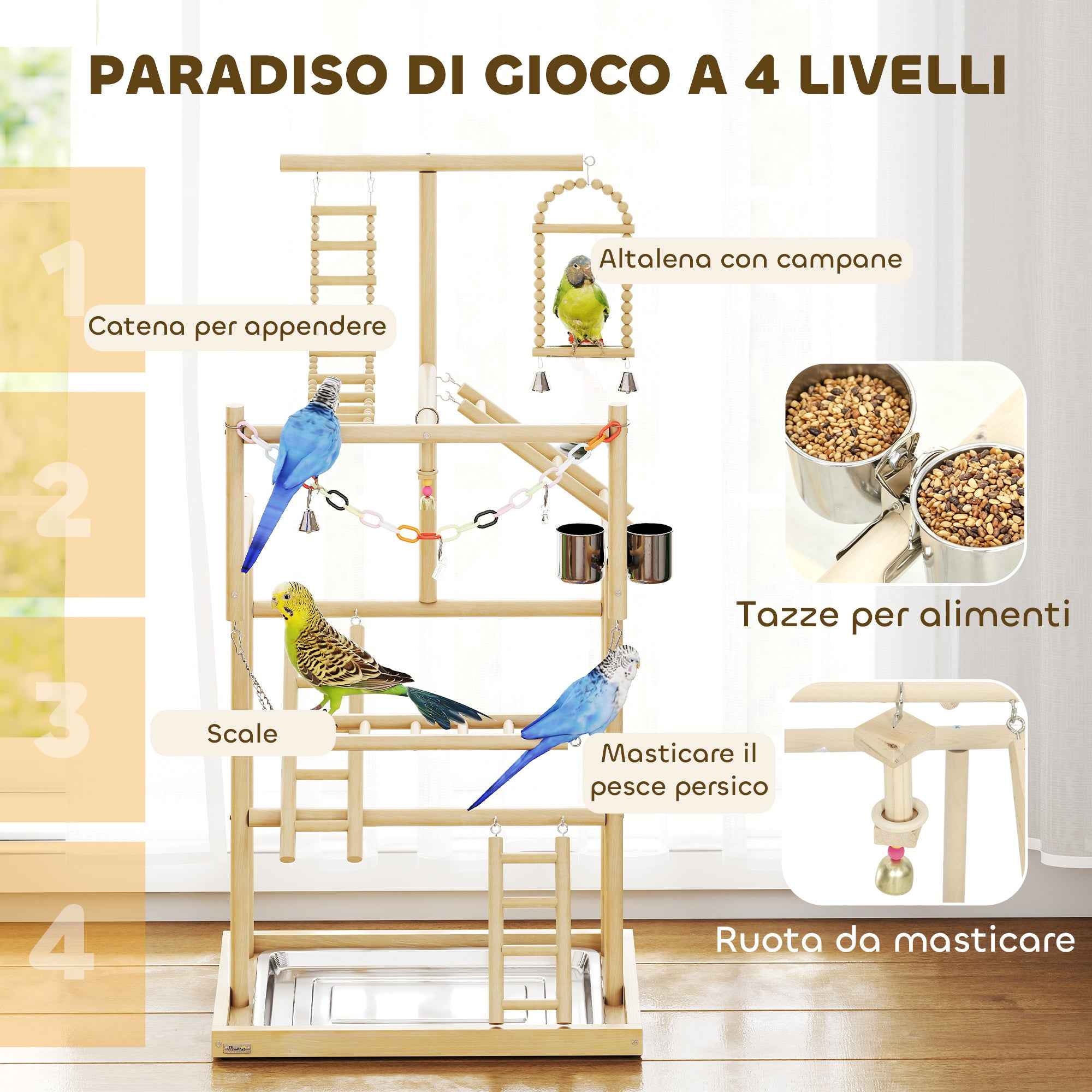PawHut Parrot Perch with Toys, Ladders, Chains, Bowls, Removable Tray and Perches, Natural Wood