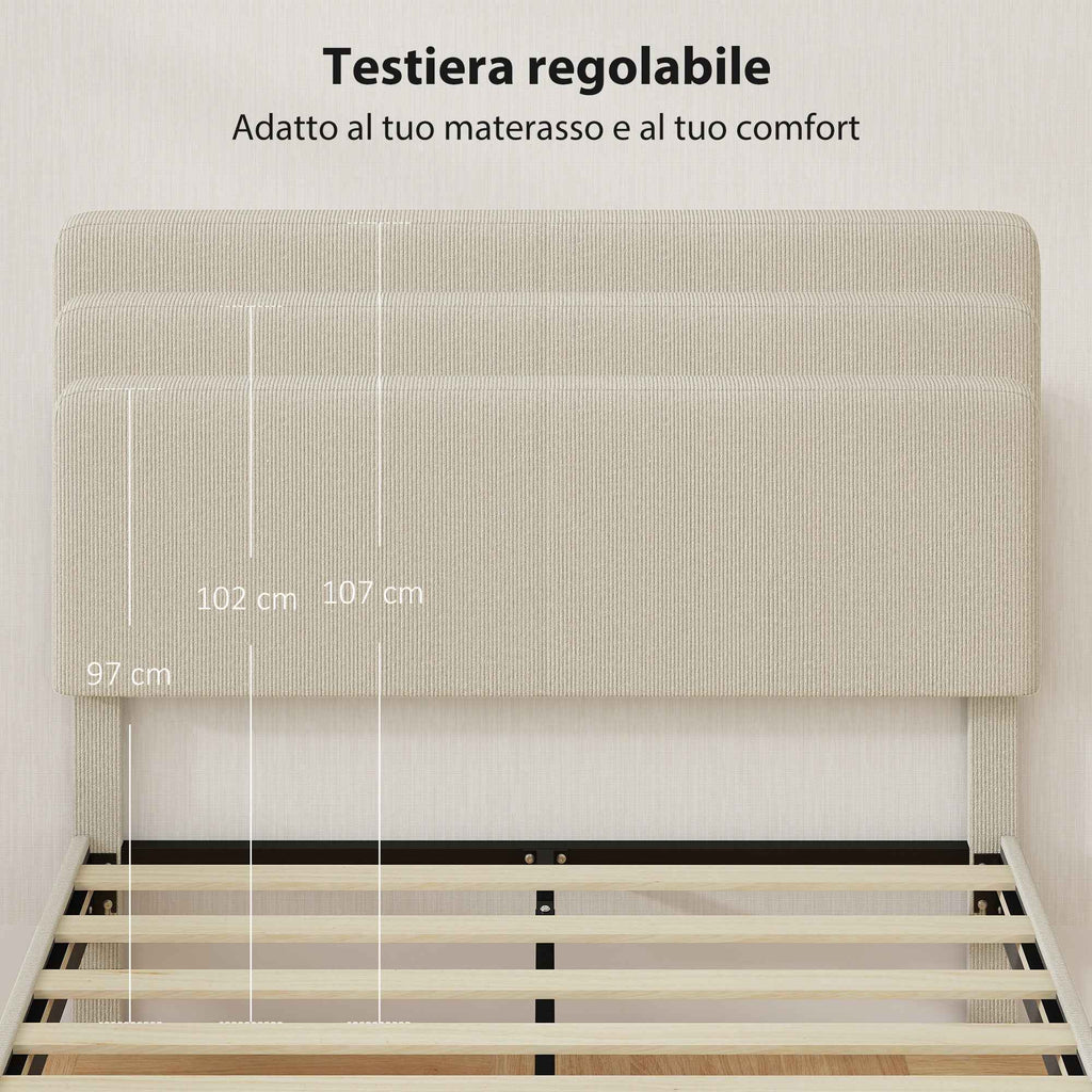 HOMCOM 140x200cm Bed Frame with Height-Adjustable Padded Headboard and Slats, Corduroy, Grey