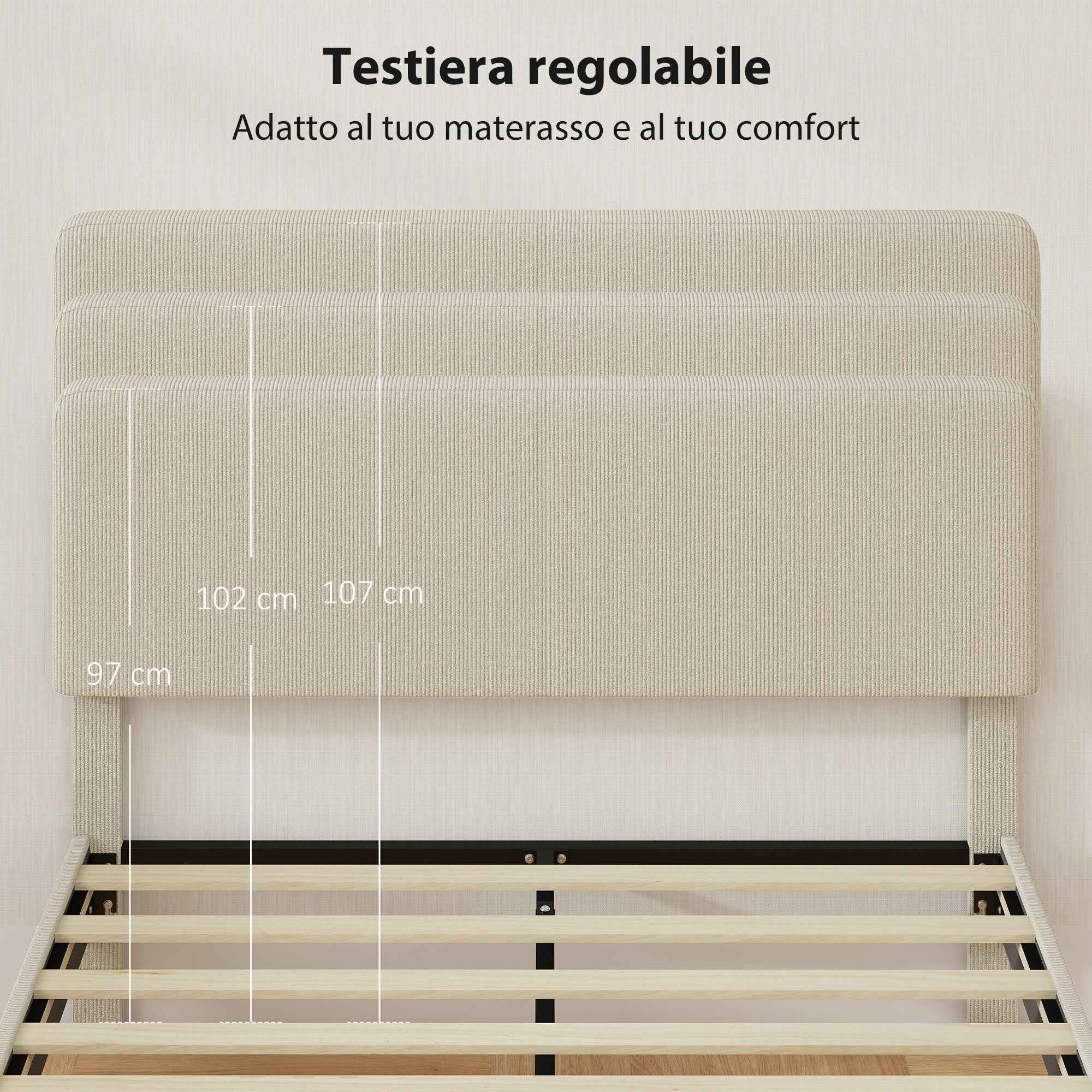 HOMCOM 140x200cm Bed Frame with Height-Adjustable Padded Headboard and Slats, Corduroy, Grey