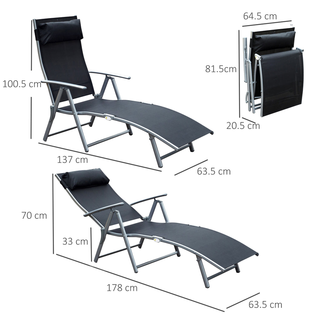 Outsunny Folding Garden Lounger with Cushion, 7-Reclining Backrest, 137x63.5x100.5cm, Black