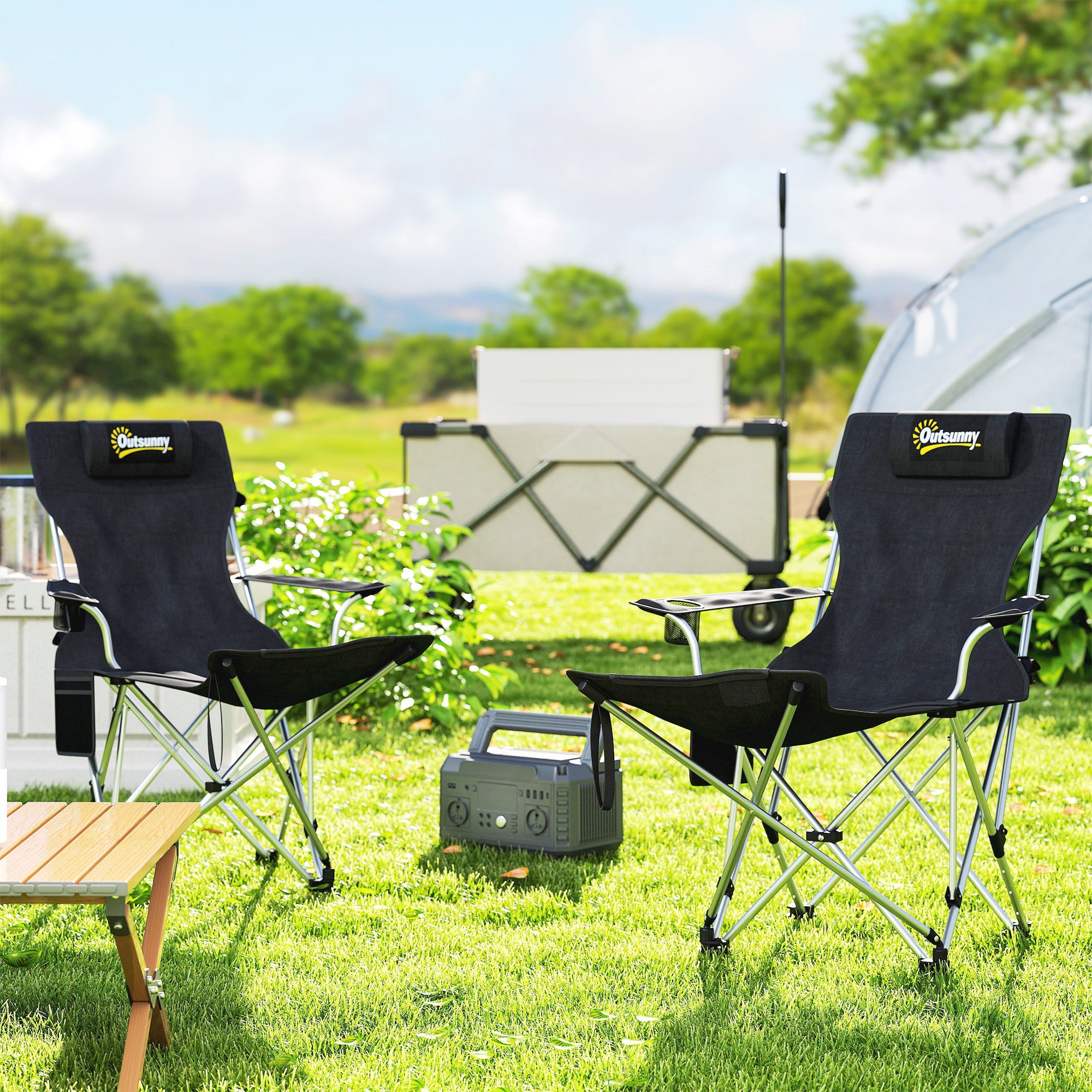 Set of 2 Folding Camping Chairs with Detachable Footrest and Cup Holder, 82x50/100x88 cm, Black
