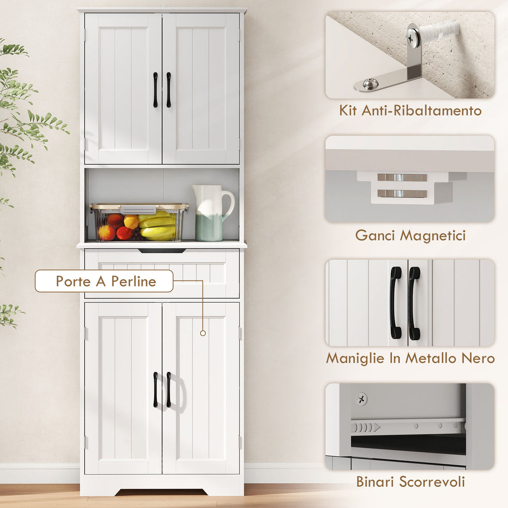 Kitchen Sideboard with 2 Cabinets and Drawer, Open Center Top and Adjustable Shelves, White