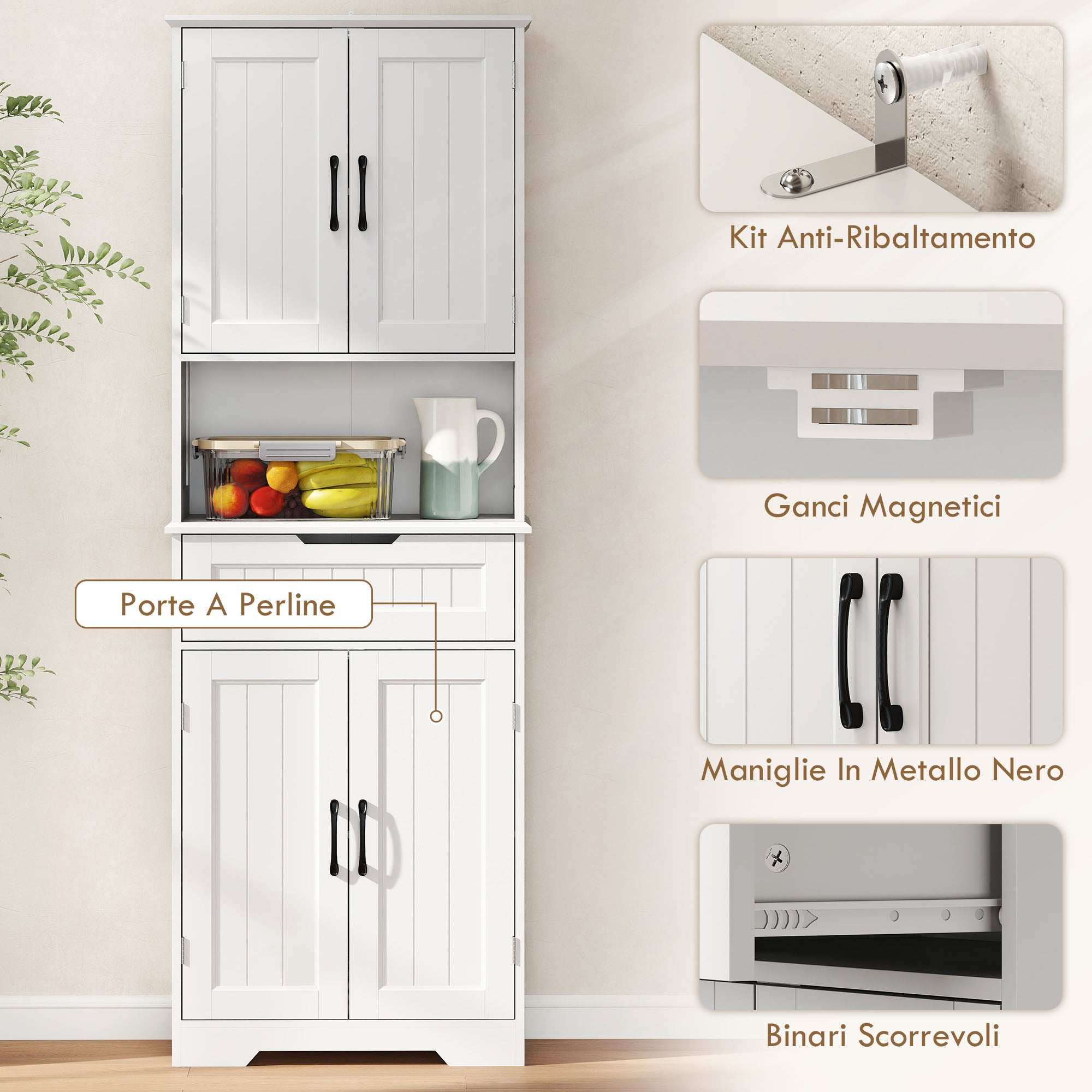Kitchen Sideboard with 2 Cabinets and Drawer, Open Center Top and Adjustable Shelves, White