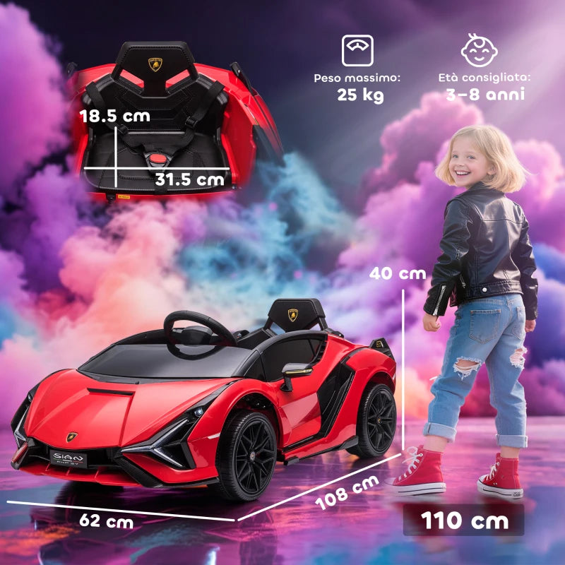 Electric Ride-On Toy Car for Kids 3-5 Years Old 12V Lamborghini SIAN, 3-5km/h Electric Car for Kids with 2 Motors, Headlights and Music, Remote Control, Seat Belt and Horn, Red