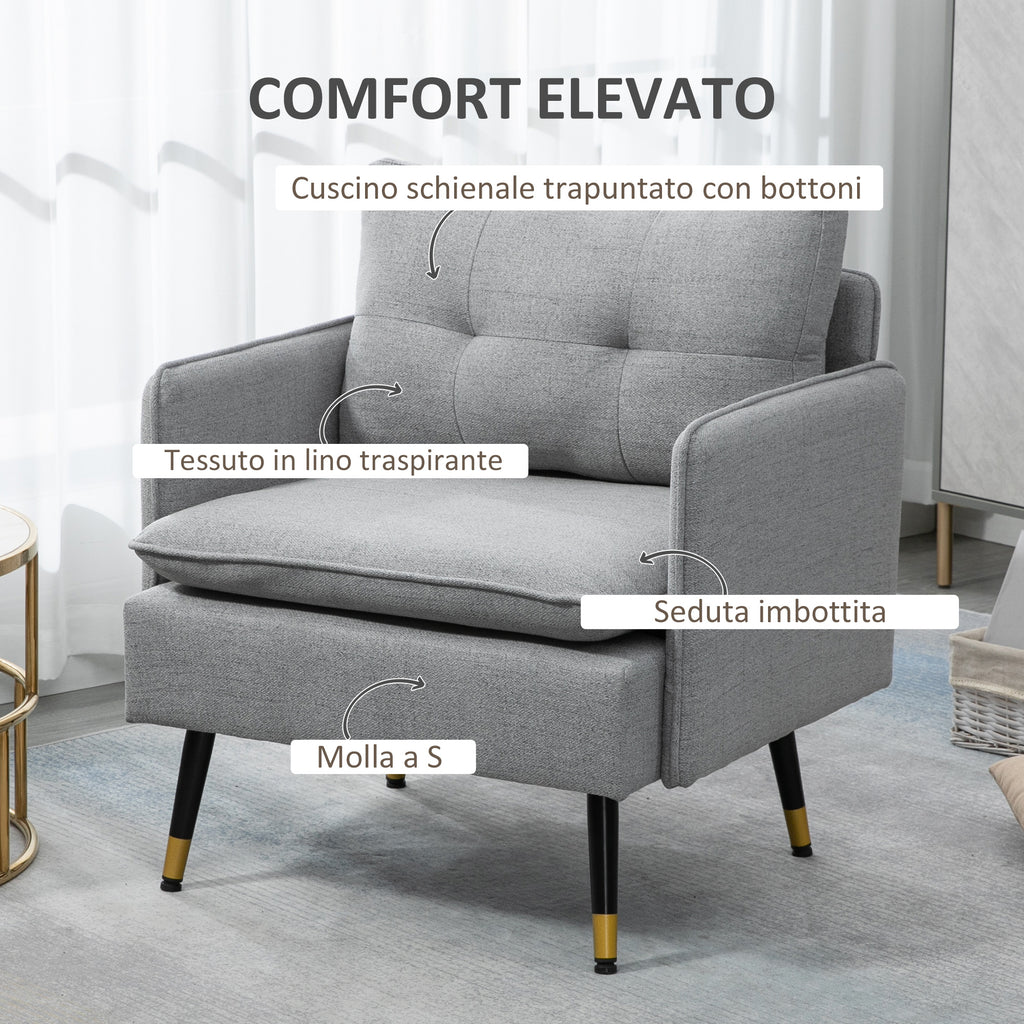 Modern Armchair in Fabric with Padded Seat and Steel Legs, 76x68x80 cm, Grey - Borgè