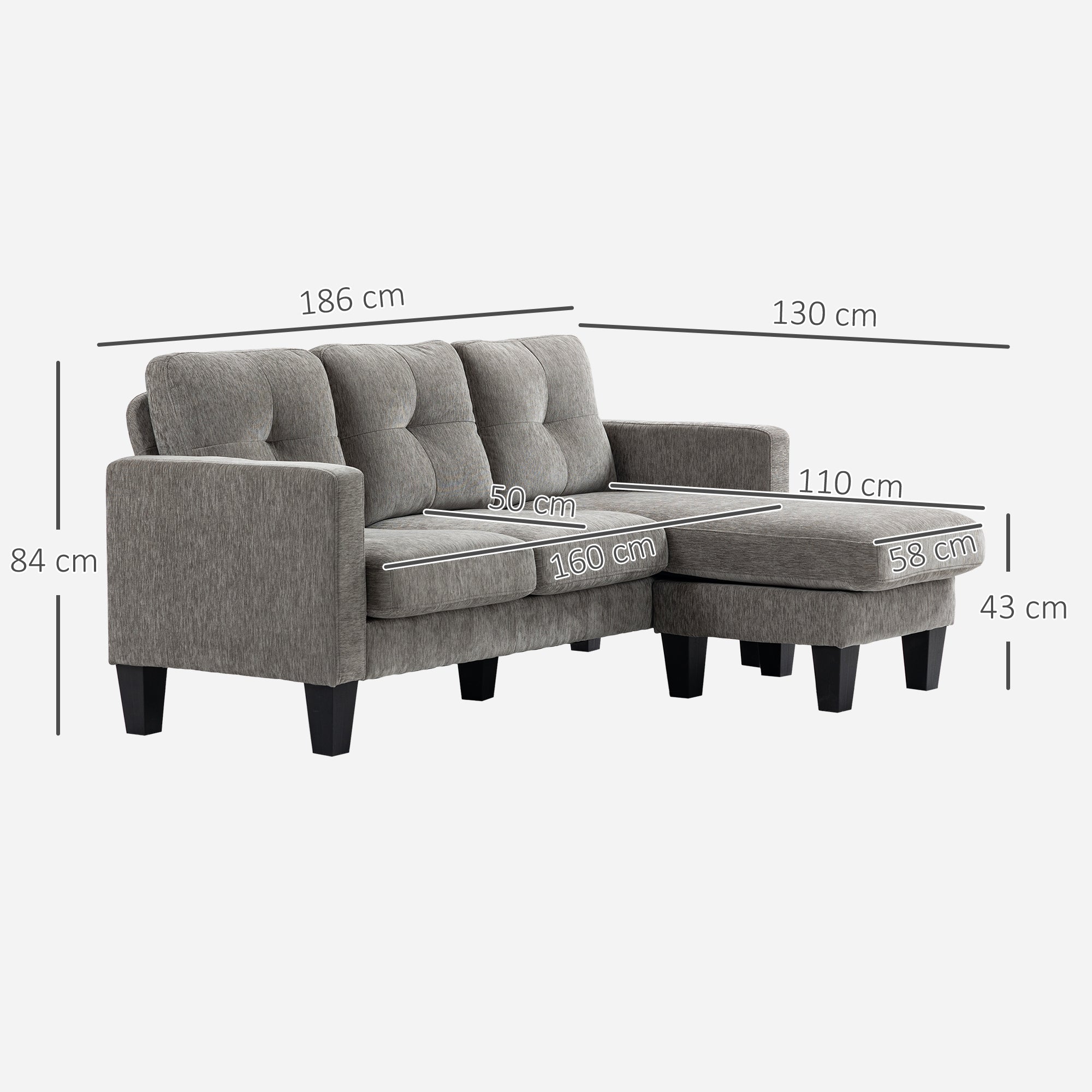 3-Seater Corner Sofa with Seat and Back Cushion, in Chenille Effect Fabric, 186x130x84 cm, Taupe