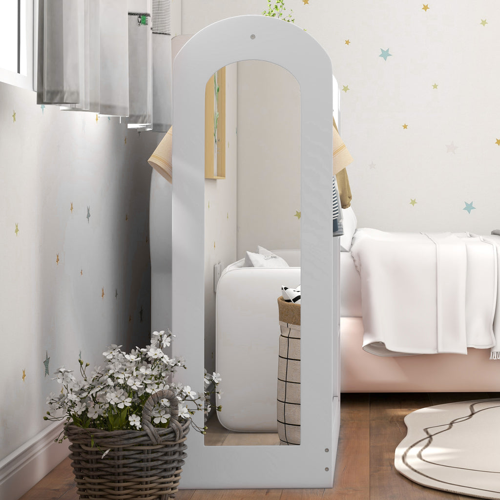 AIYAPLAY Children's Coat Rack for 3-8 Years Old with Shelves, 2 Storage Boxes, Hanging Rail and Mirror, 30 kg Capacity, White