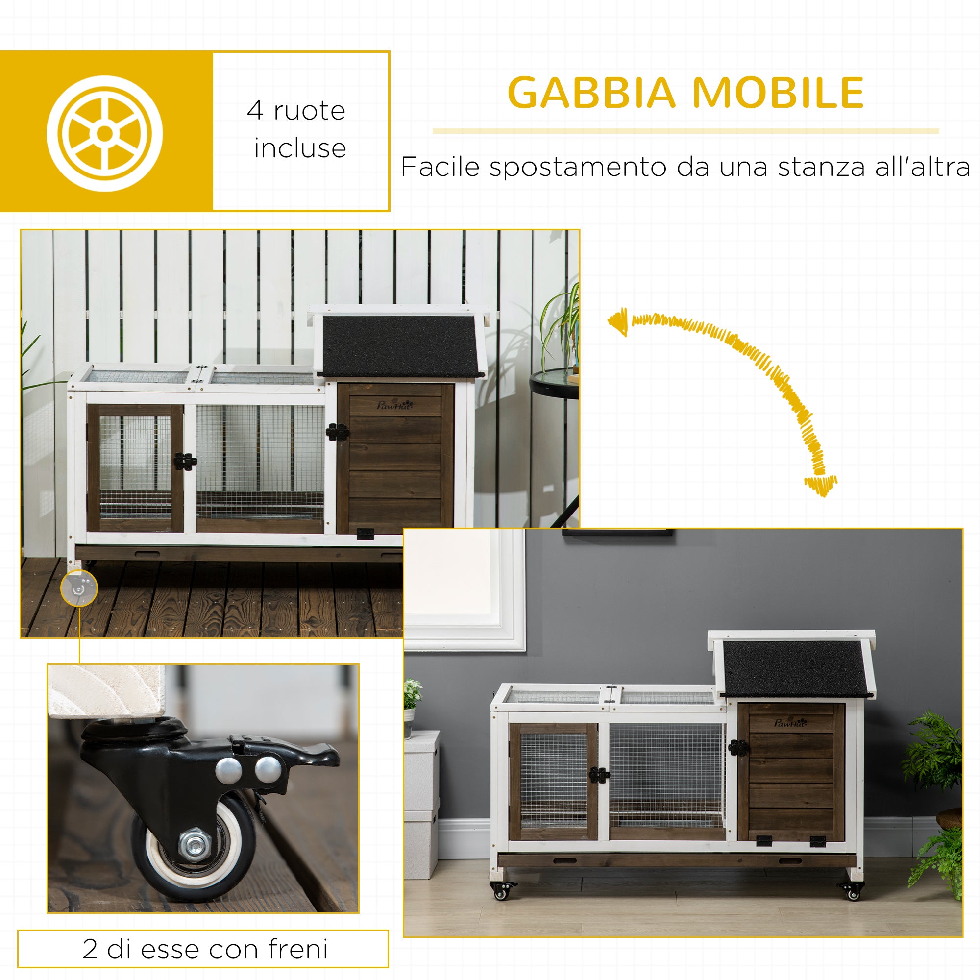 Indoor and Outdoor Wooden Hutch with Wheels, House, Opening Roof and Tray, Brown