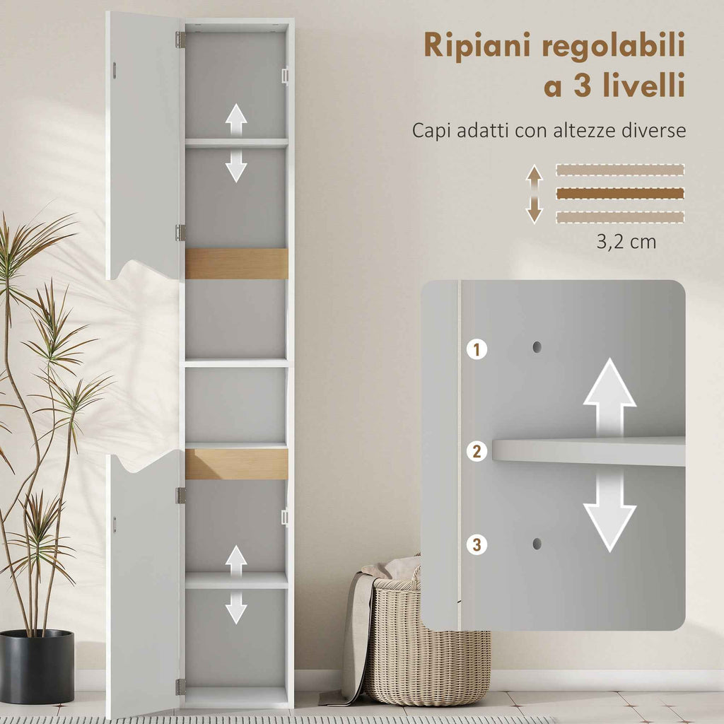 HOMCOM Wooden Bathroom Cabinet with 2 Open Shelves and 2 Cabinets, 30x34.6x180.5 cm, White and Wood Color