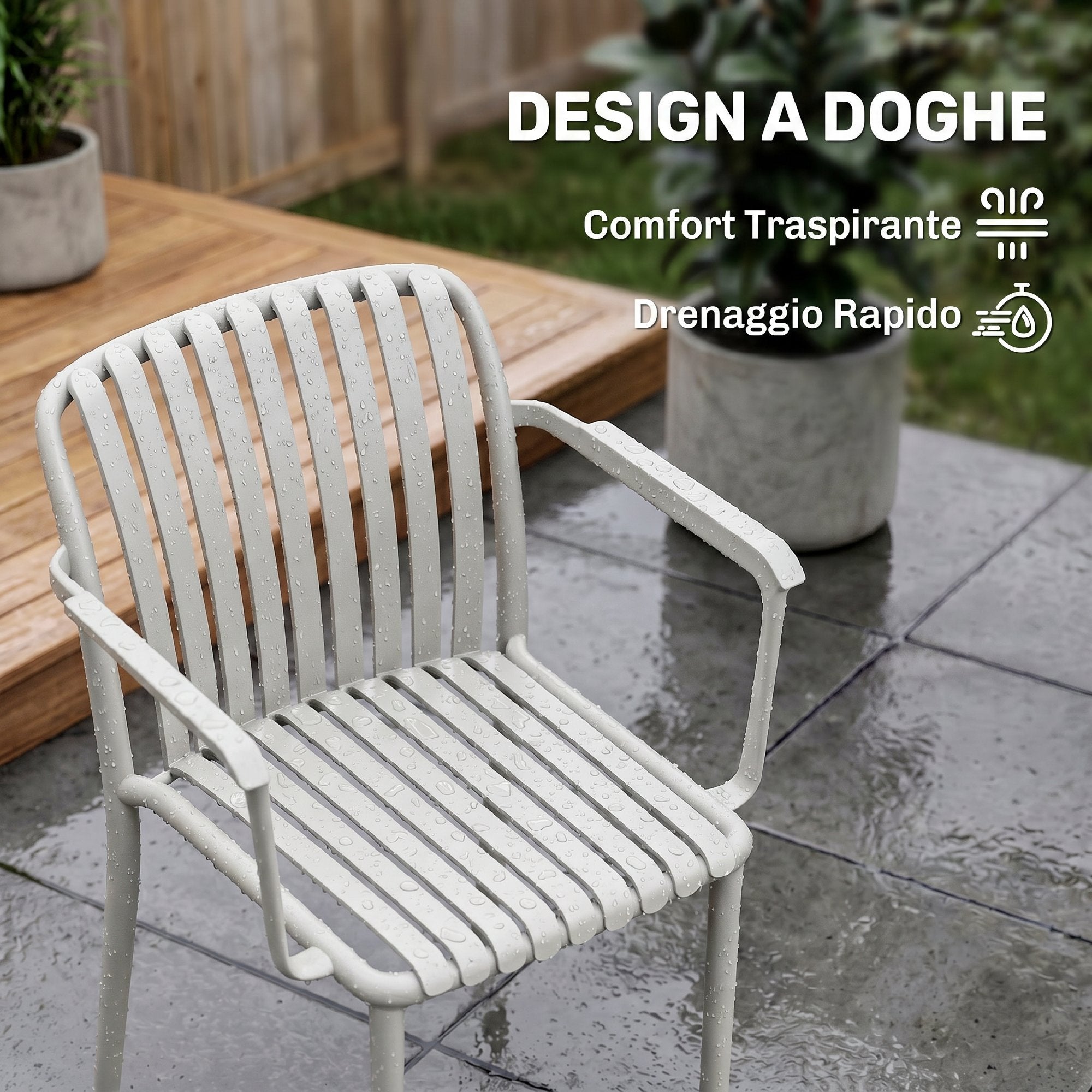 Outsunny Set of 4 Stackable Garden Chairs with Armrests, Plastic Slatted Design, Grey