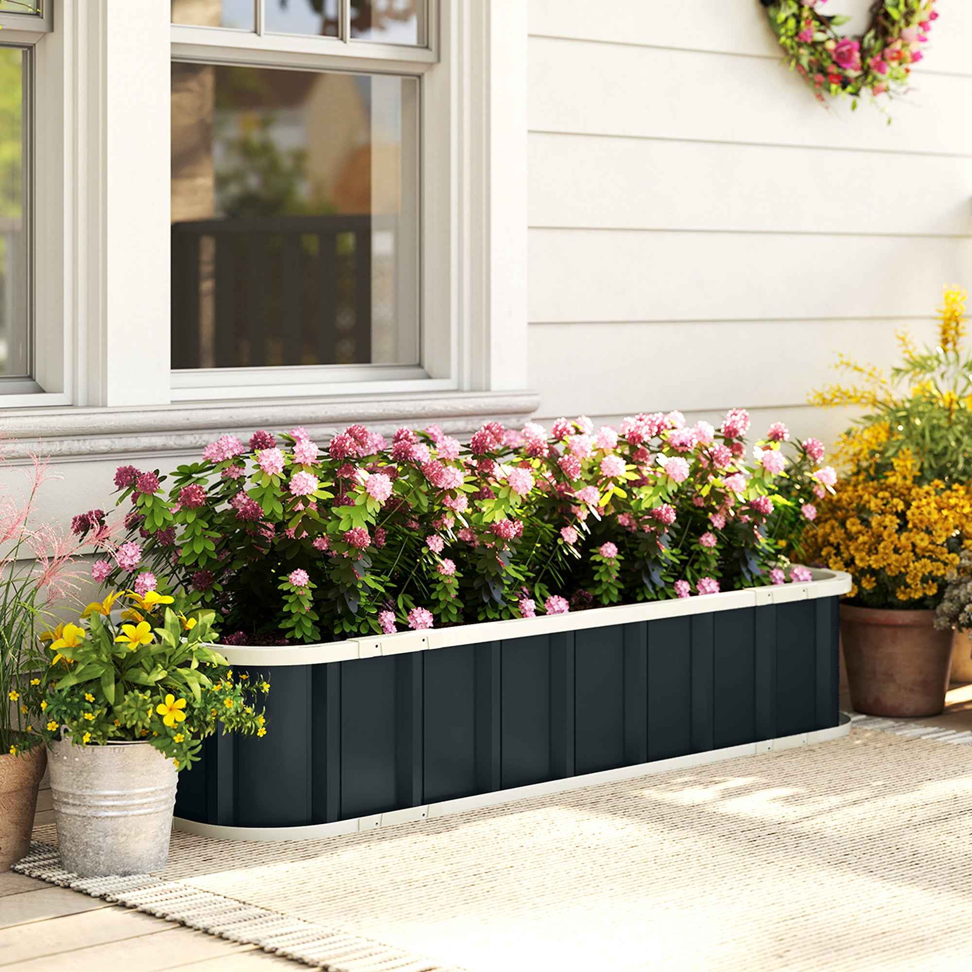 Outsunny Raised Garden Bed with Open Bottom and Folded Steel Edges, 136x52x31 cm, Dark Grey