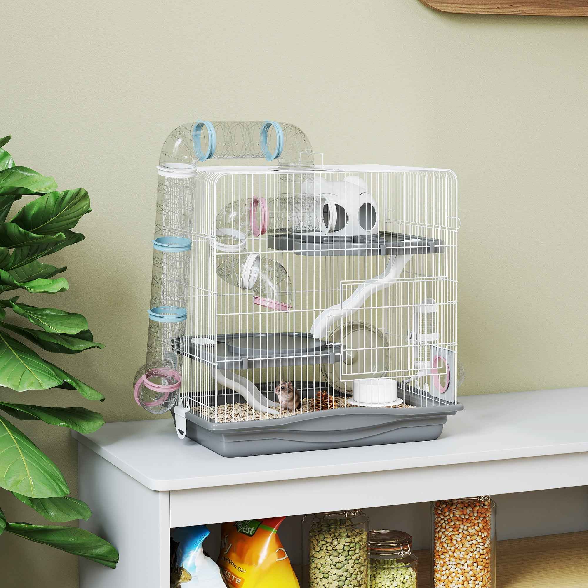 PawHut 3-Tier 14-Tube Hamster Cage with House, Ramp, and Accessories, Metal and Plastic, 45x30x45 cm, Grey