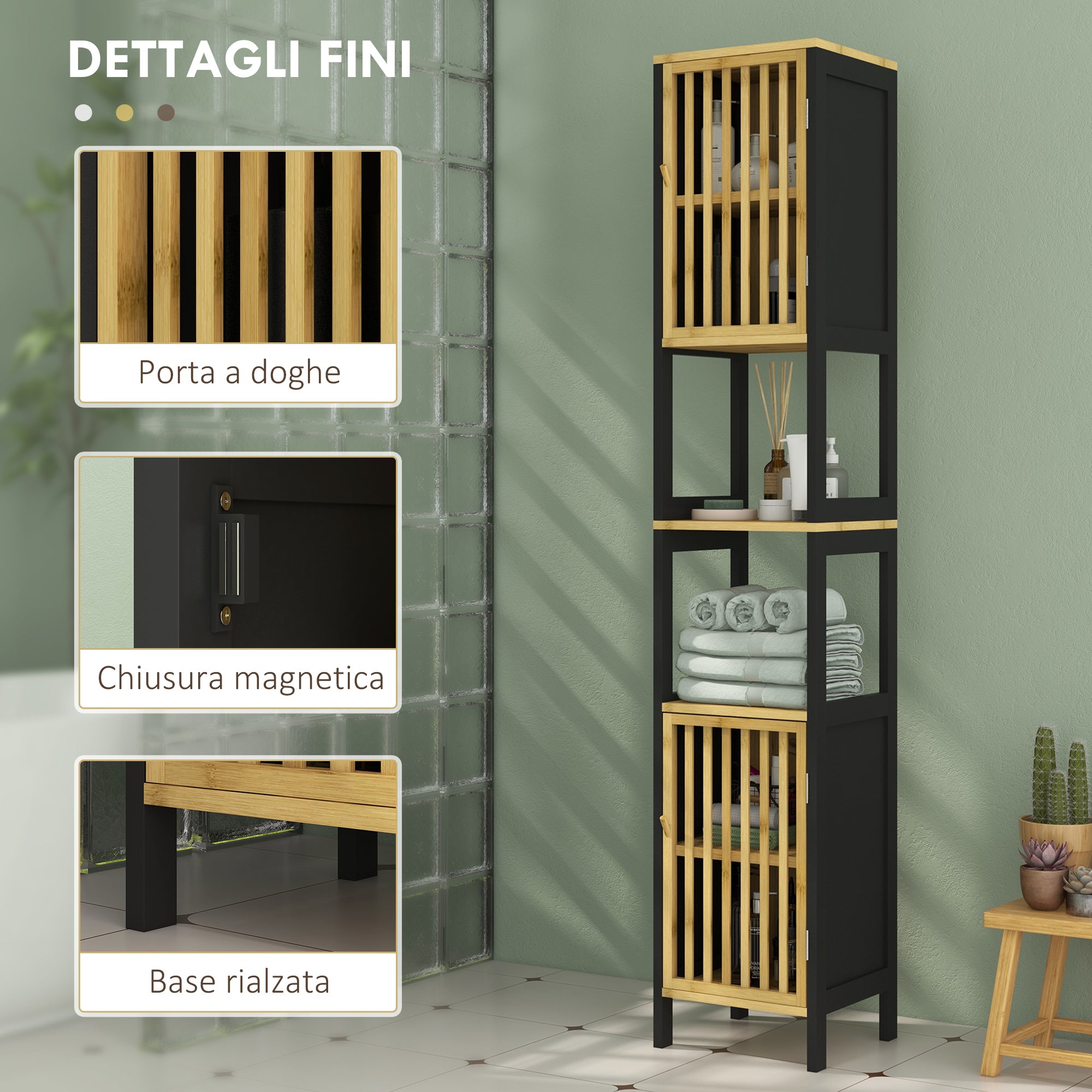 HOMCOM Slatted Bathroom Cabinet with 2 Open Shelves and 2 Cabinets, in MDF and Bamboo, 32x30x172 cm, Black and Wood Color - Borgè