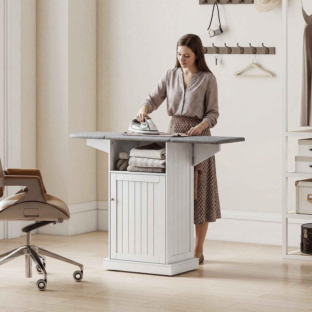 Folding Ironing Board with Wheels, Open Shelf and Cabinet, 121 x 37 x 89 cm, White and Grey