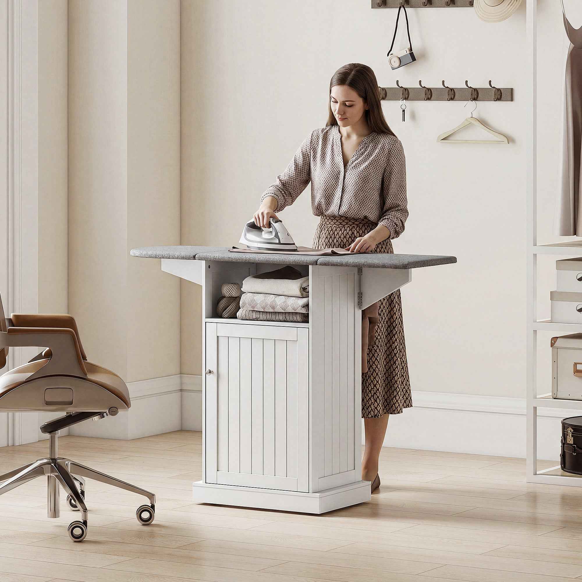 Folding Ironing Board with Wheels, Open Shelf and Cabinet, 121 x 37 x 89 cm, White and Grey