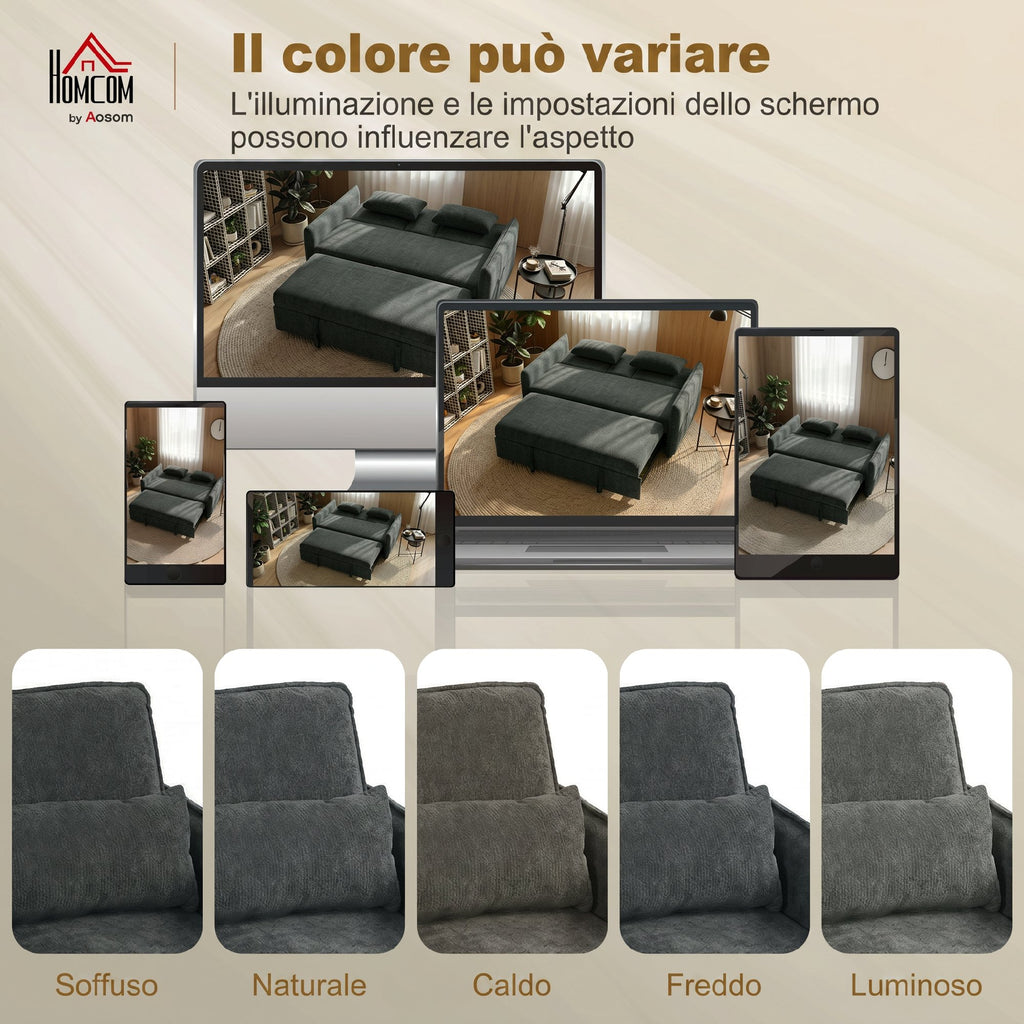 HOMCOM 3-in-1 2-Seater Sofa Bed with 3-Position Adjustable Backrest and 2 Cushions, Chenille, Dark Grey