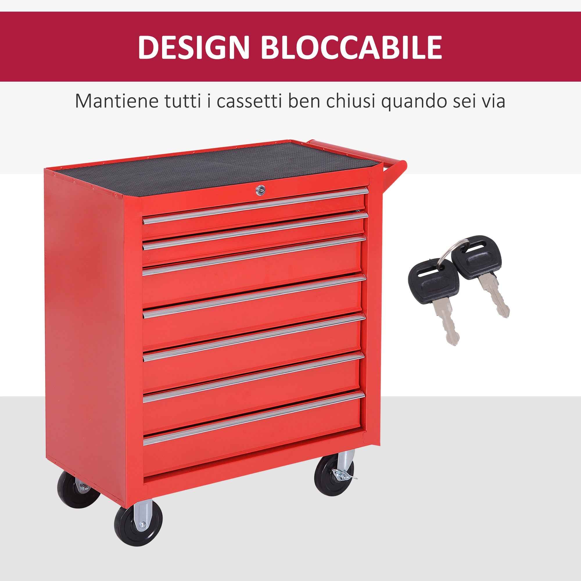 DURHAND Tool Cart with 7 Drawers, EVA Mats, Lock and 2 Keys, Wheels with Brakes, Handle, Red