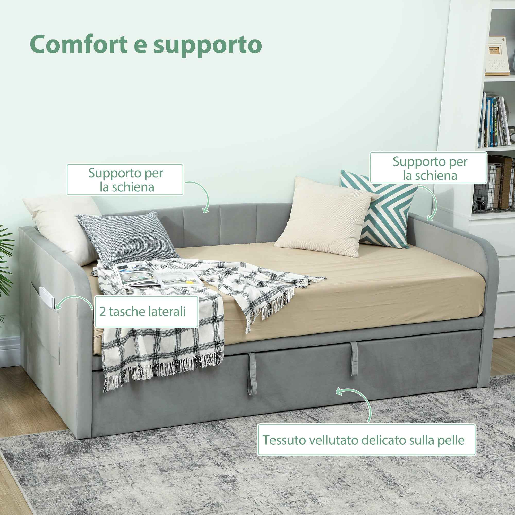 HOMCOM 3-Seater Sofa Bed with Pull-Out Cot, Convertible to a Double Bed, 205 x 186 x 75 cm, Light Grey