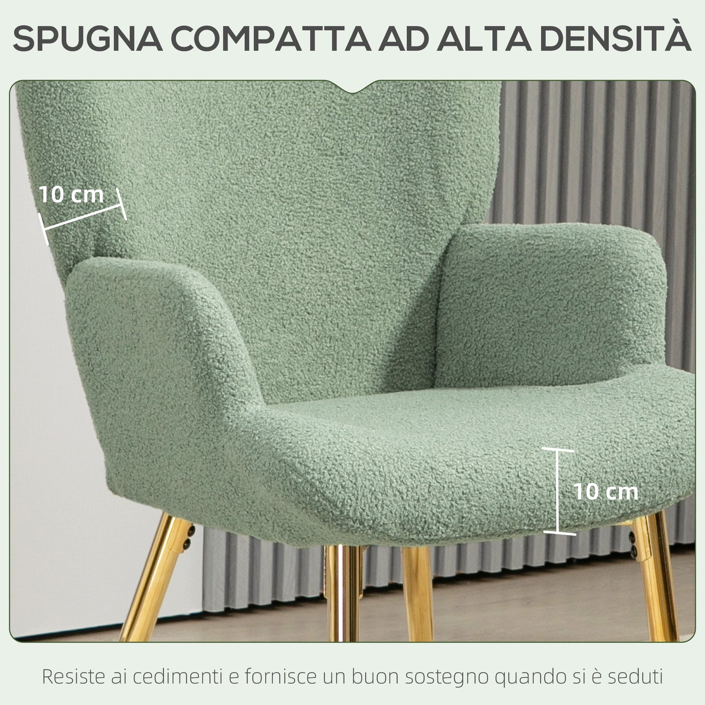 High Back Living Room Chair in Steel and Sherpa Effect Fabric, 73x68x111 cm, Green and Gold