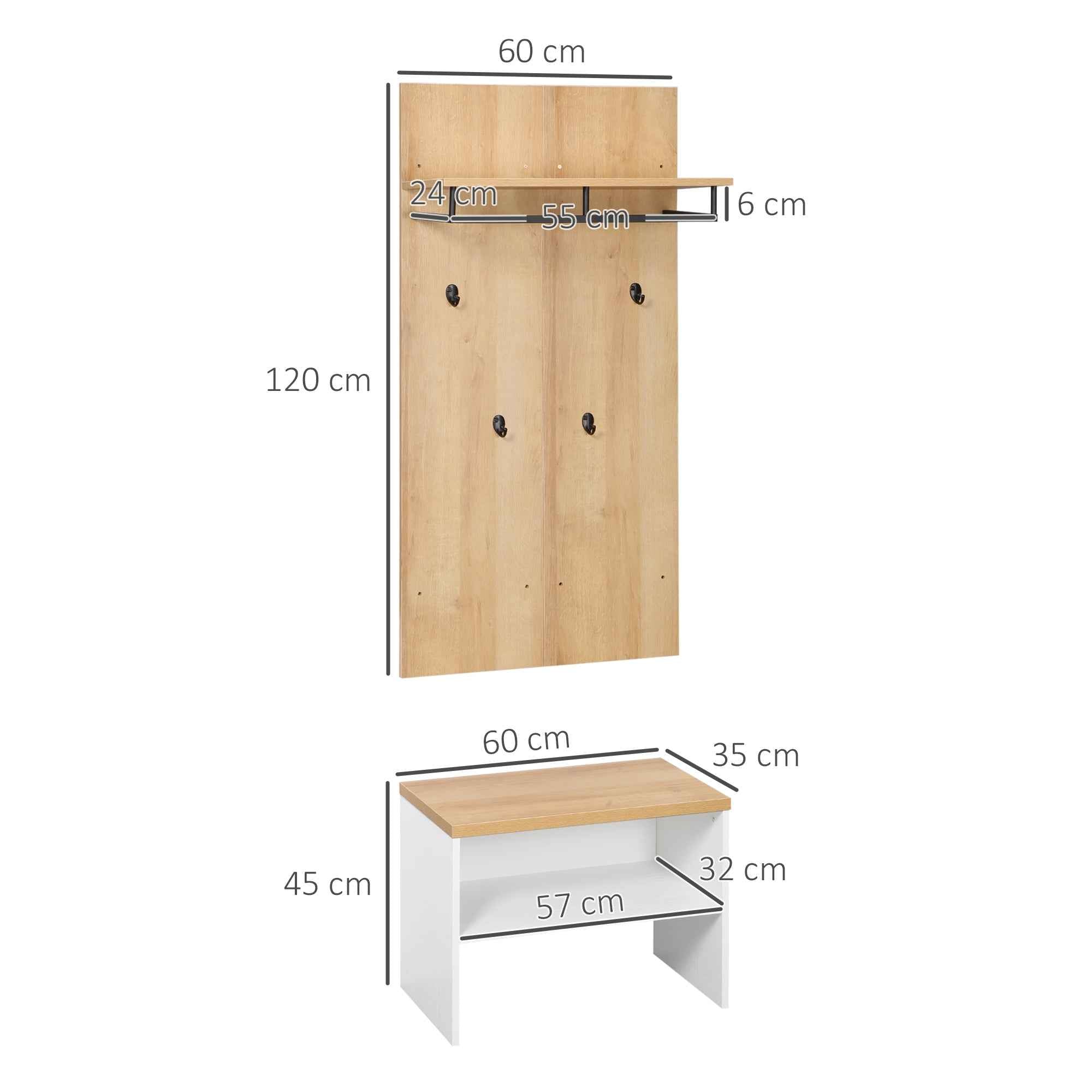 HOMCOM Entryway Cabinet with Low Shoe Rack, Bench and 4-Hook Coat Rack in Chipboard and Steel, 60x28x120 cm
