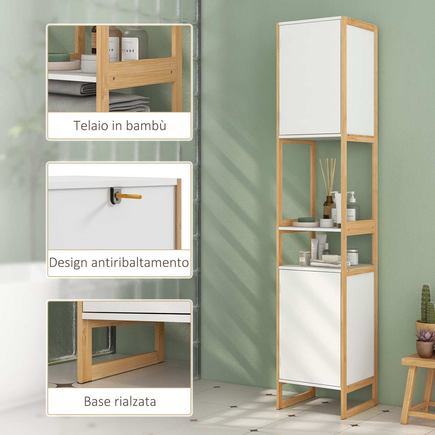 Space-Saving Bamboo Bathroom Column with Open Shelves and 2 Push-Opening Cabinets, White