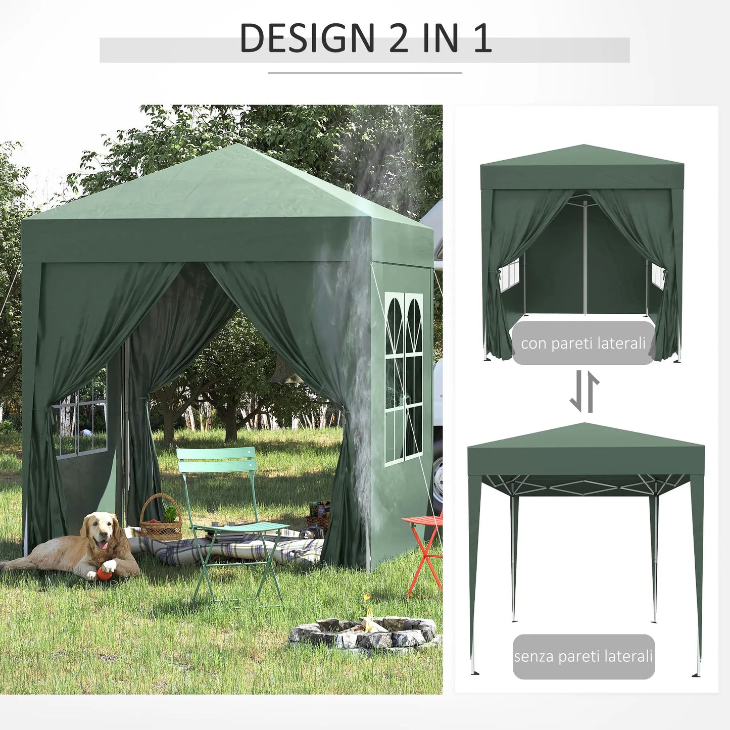 Gazebo 2x2 m Folding with 4 Removable Walls and Carry Bag, in Metal and Polyester, Green