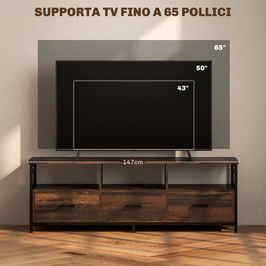 Industrial TV Cabinet with 3 Drawers and 3 Open Shelves, in Wood and Steel, 147x40x50 cm, Black and Brown