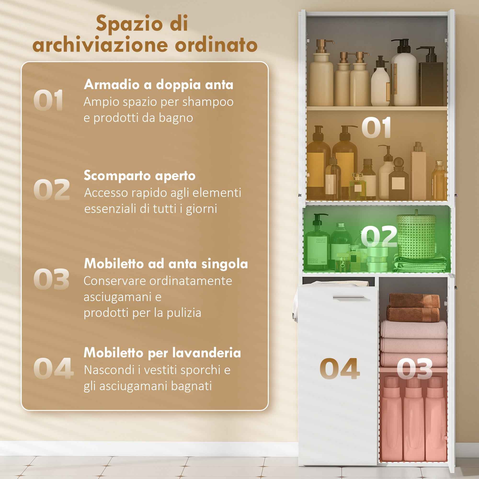 HOMCOM 2-Door Bathroom Cabinet with Drop-Leaf Laundry Basket and Open Shelf, 60x30x174 cm, Wood, White