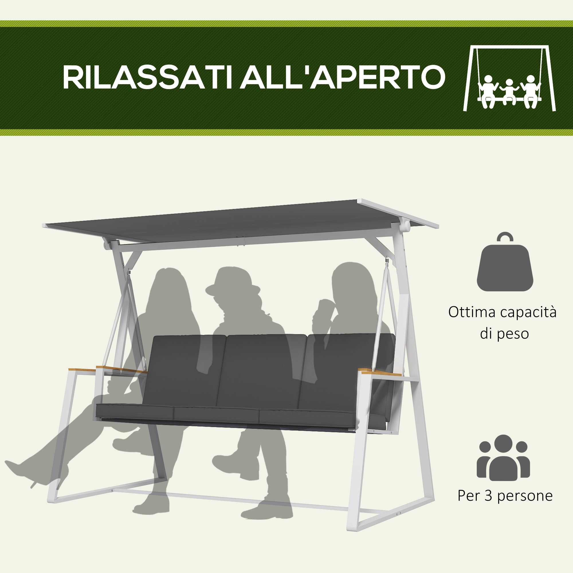 Outsunny 3-Seater Garden Swing with Tilting Canopy, Steel, 205x130x175 cm, Dark Grey