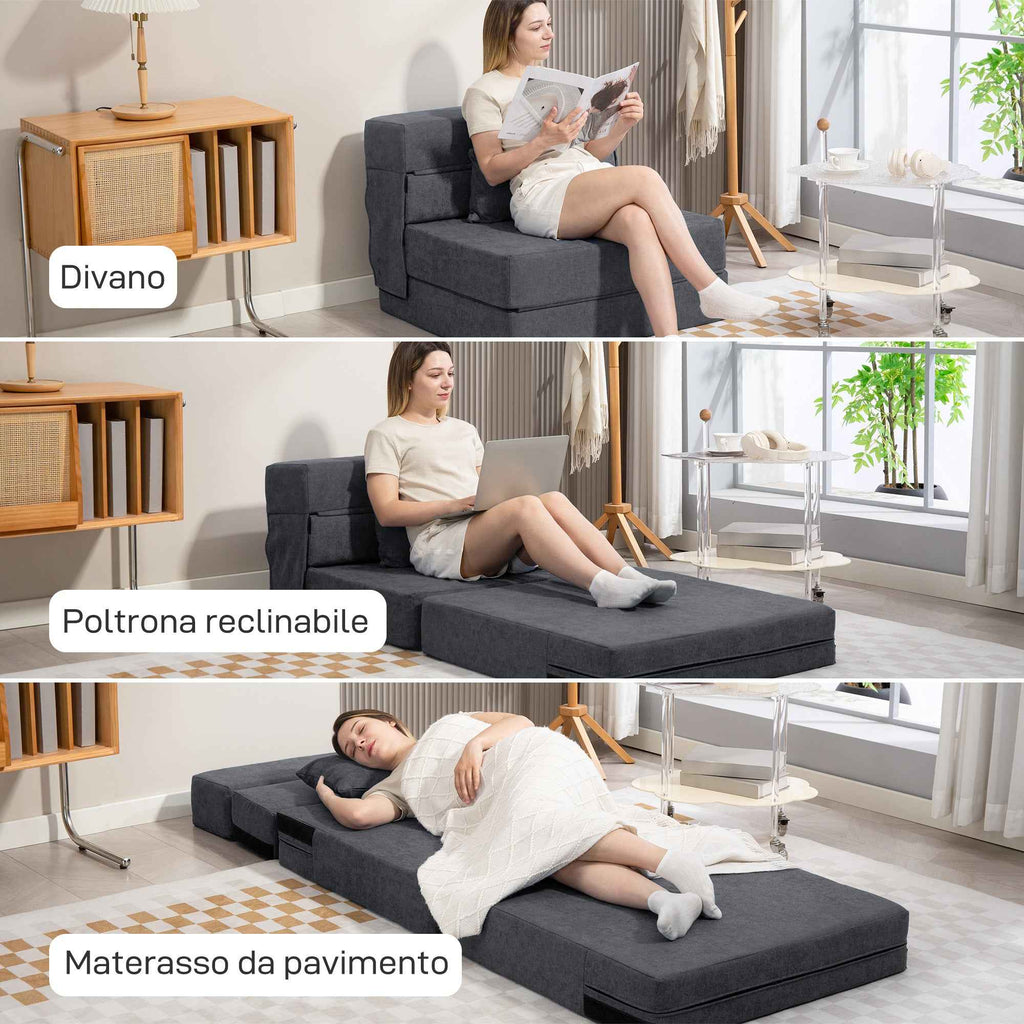HOMCOM Folding Sofa Bed Convertible to Chaise Longue with Mattress, 80x80x64 cm, Dark Grey