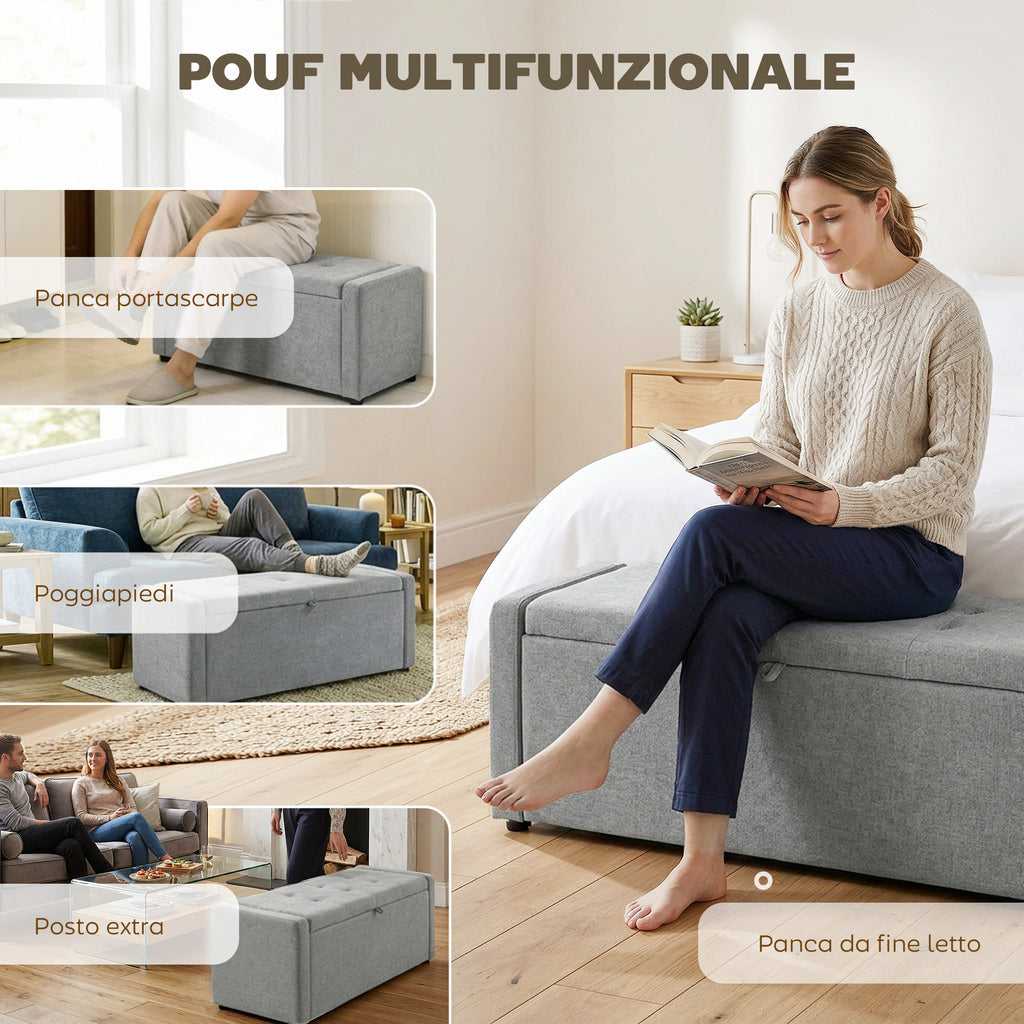 HOMCOM 142L Storage Bench, Wide Padded Seat, Linen, 200 kg Capacity, Light Grey