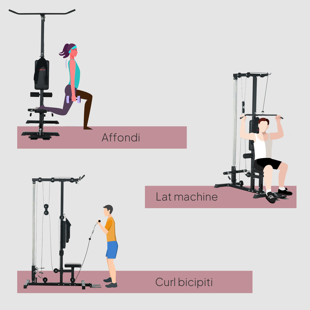 SPORTNOW Multifunctional Fitness Station with Lat Machine, Adjustable Seat and Disc Holder, Black