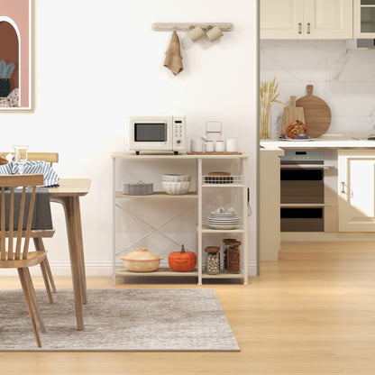 Modern Kitchen Cabinet with 4 Shelves with Basket and Hooks in Wood and Steel, 90x40x84.5cm, Oak and White - Borgè