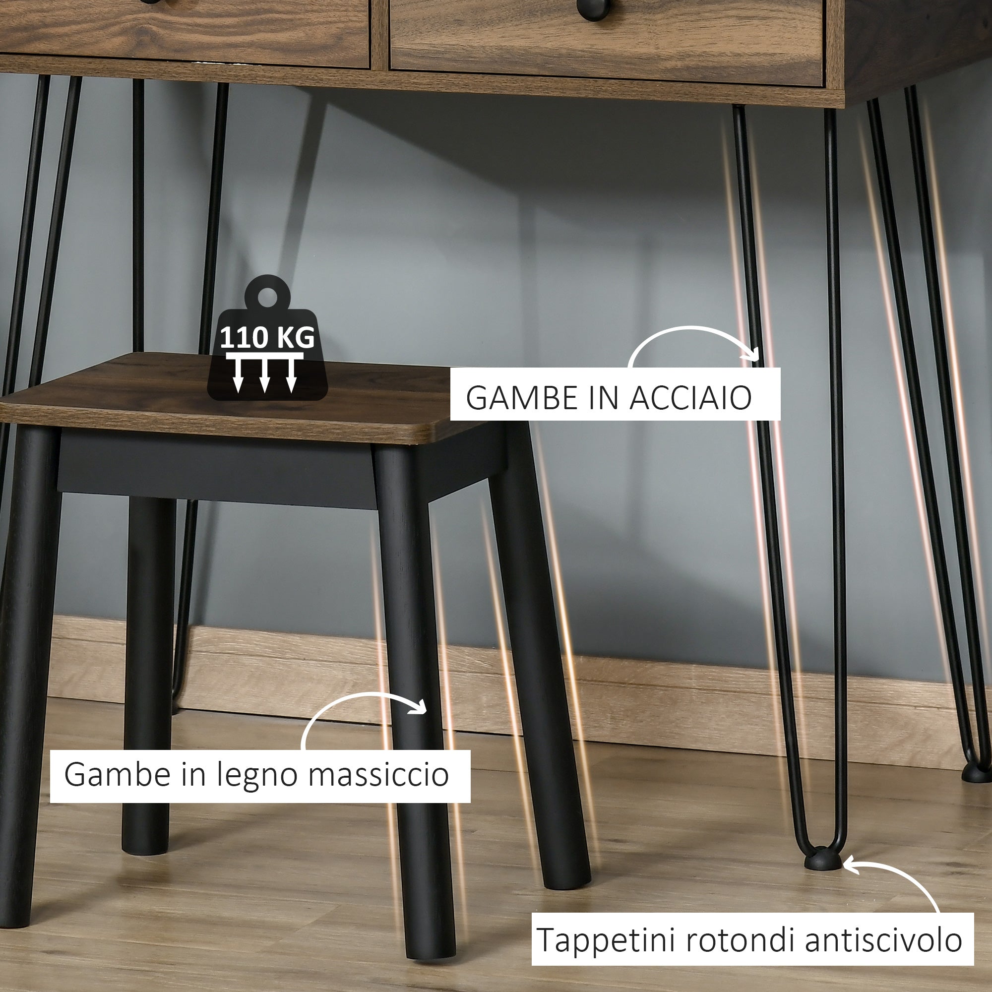 HOMCOM Wooden and Metal Makeup Table with Stool and Mirror, Walnut Color