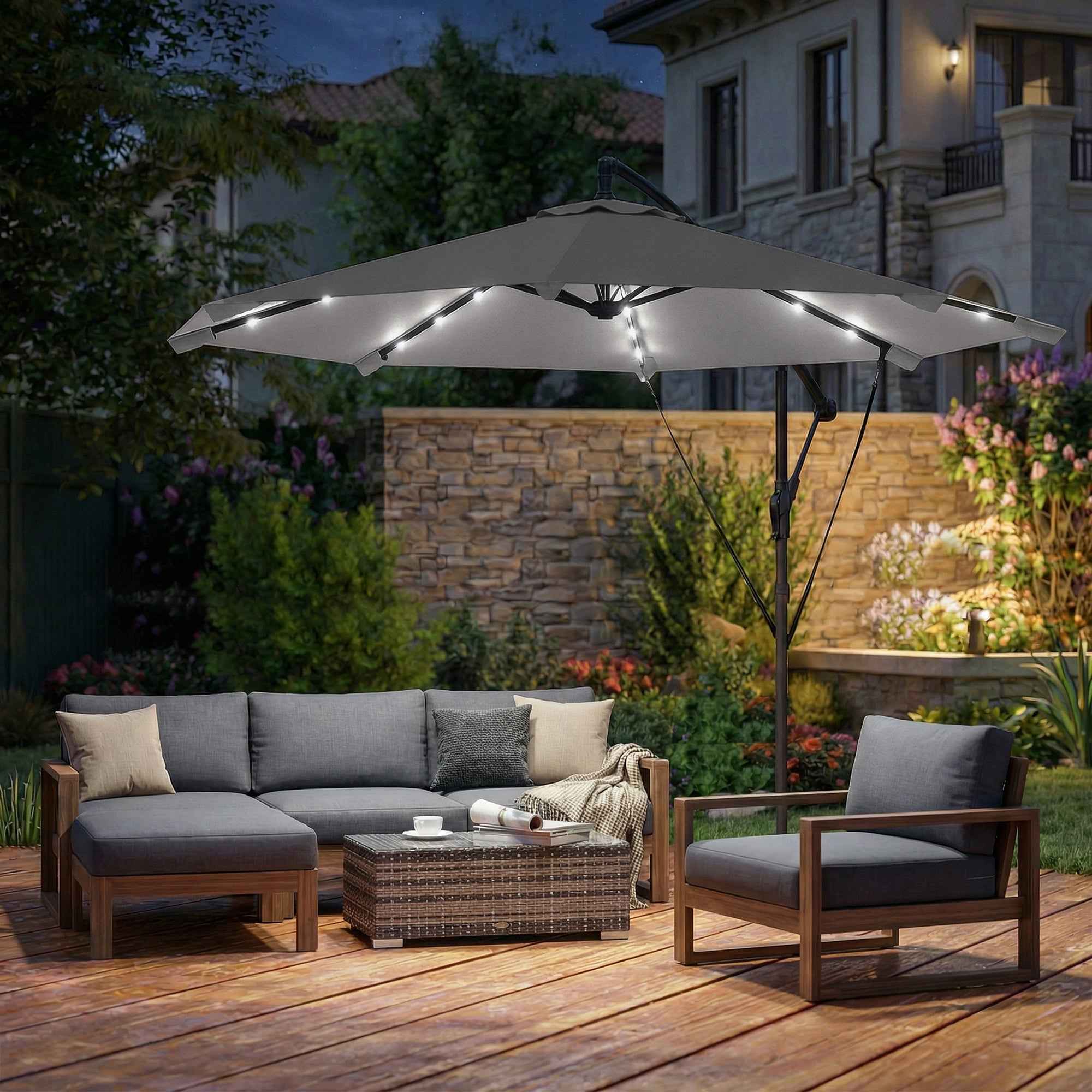 Outsunny 3m Cantilever Umbrella with Solar LED Lights, Garden Umbrella, Grey