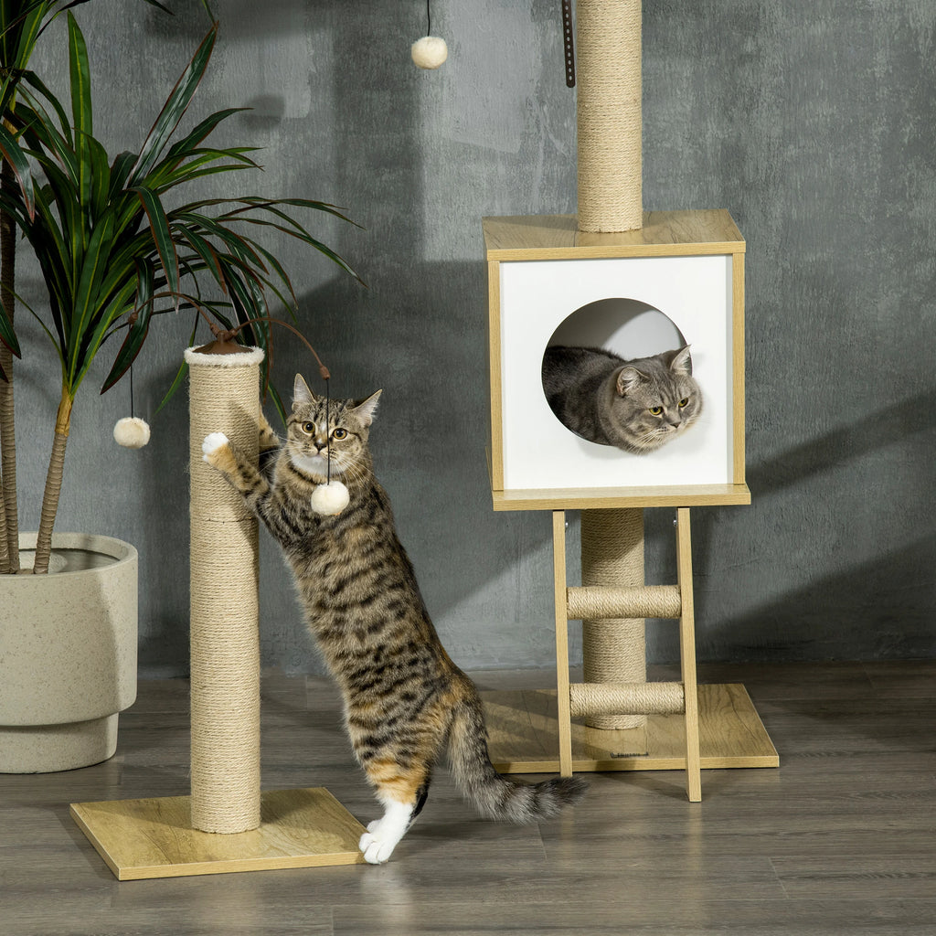 Height Adjustable Chipboard Cat Tree with Scratching Post, House, Hammock and Ball, 40x40x225-285 cm - Borge' Group Limited