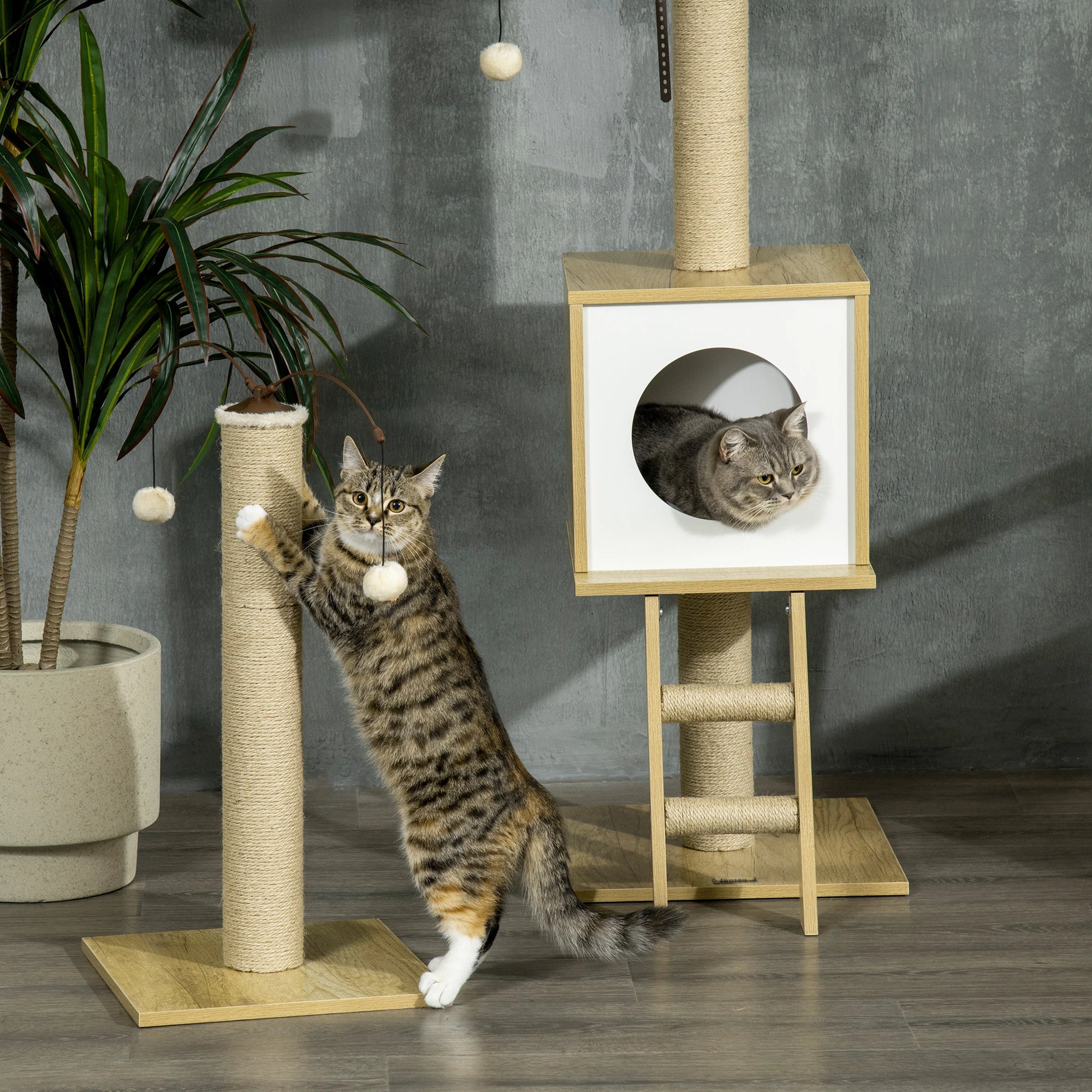 Height Adjustable Chipboard Cat Tree with Scratching Post, House, Hammock and Ball, 40x40x225-285 cm - Borge' Group Limited