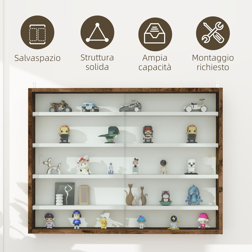 4-Tier Adjustable Display Cabinet, Wall-Mounted Glass and Wood Display Case, 80x9.5x60 cm, Brown