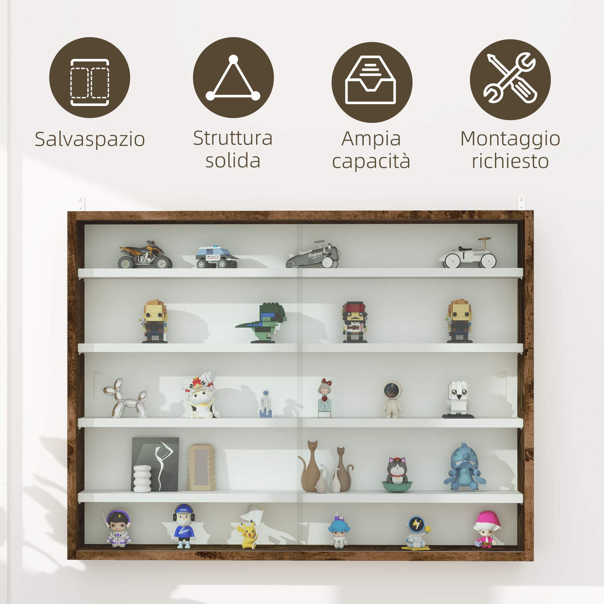 4-Tier Adjustable Display Cabinet, Wall-Mounted Glass and Wood Display Case, 80x9.5x60 cm, Brown