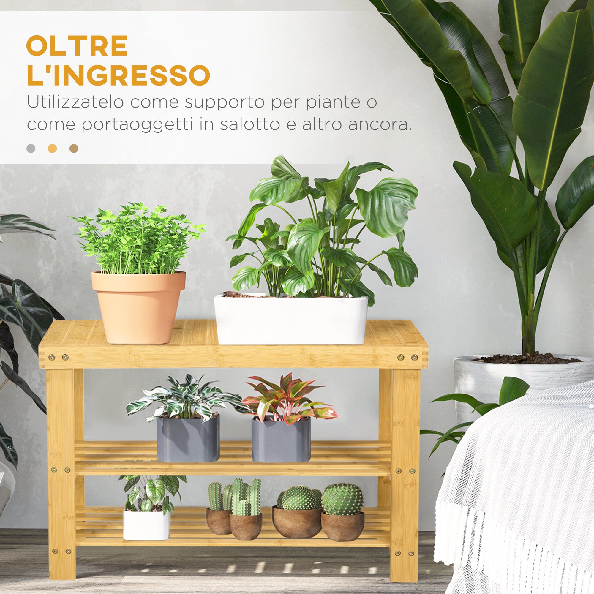 Low Bamboo Shoe Rack Bench with 2 Slatted Shelves and Seat, 70x28x45 cm, Natural